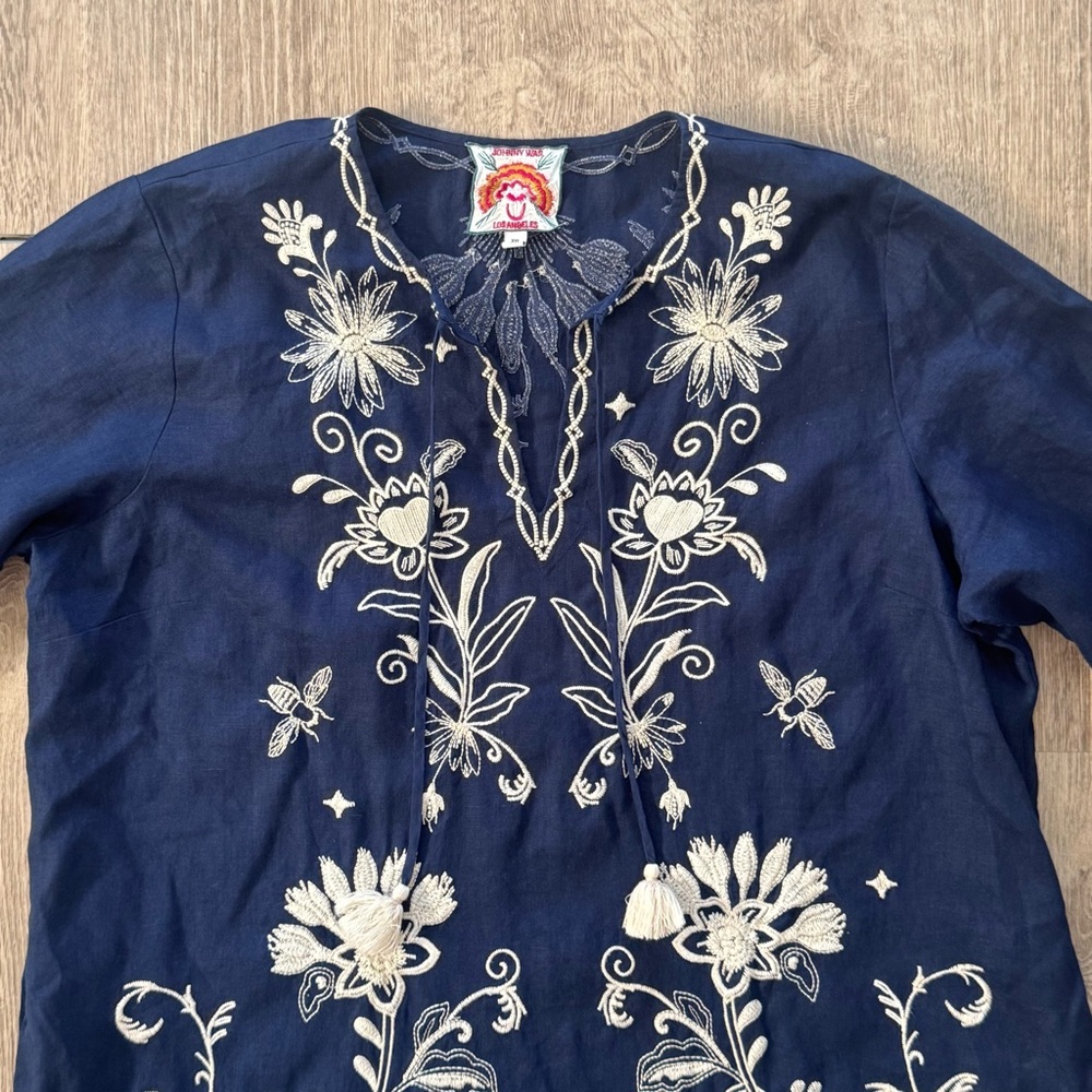 Johnny Was Midnight Blue and Cream Floral Midi Dress - Picture 7 of 11